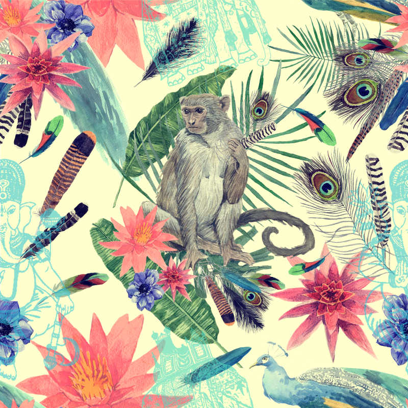 复古风格水彩图案与猴子