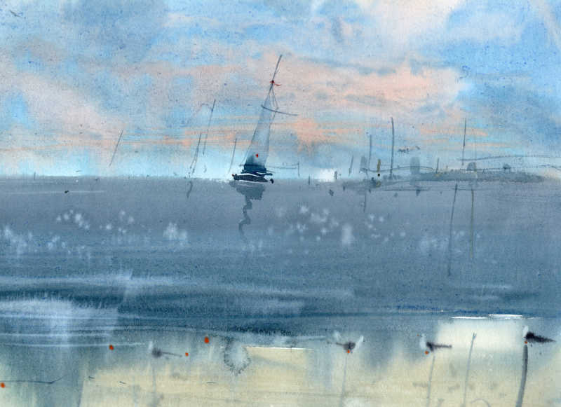 海面帆船水彩画