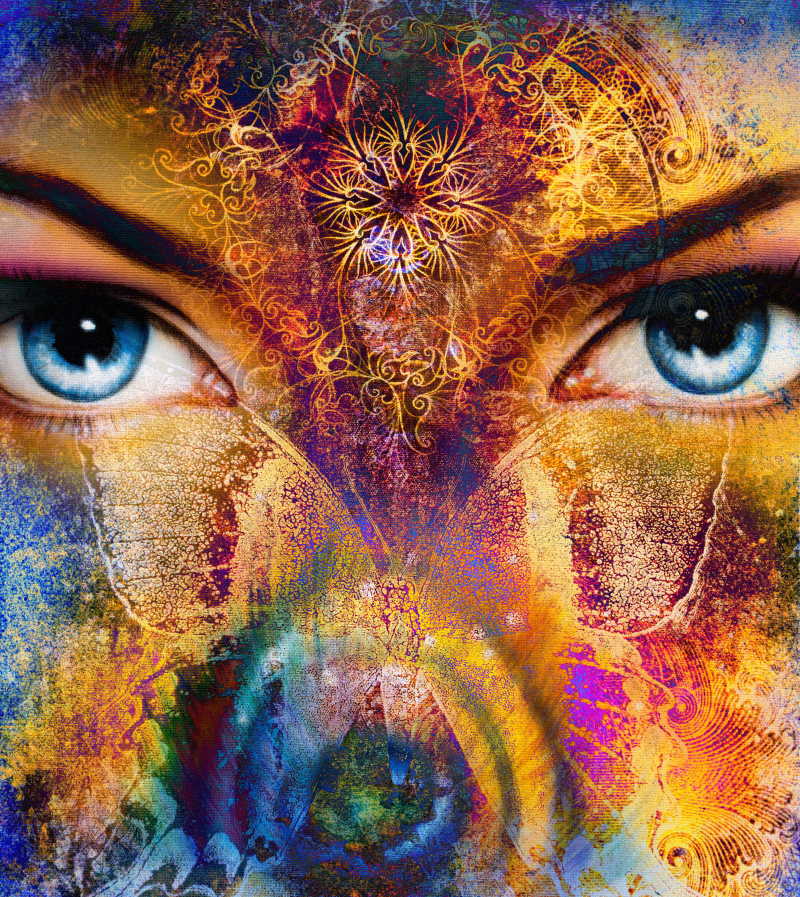 抽象颜色背景上的蝴蝶和女人的眼睛