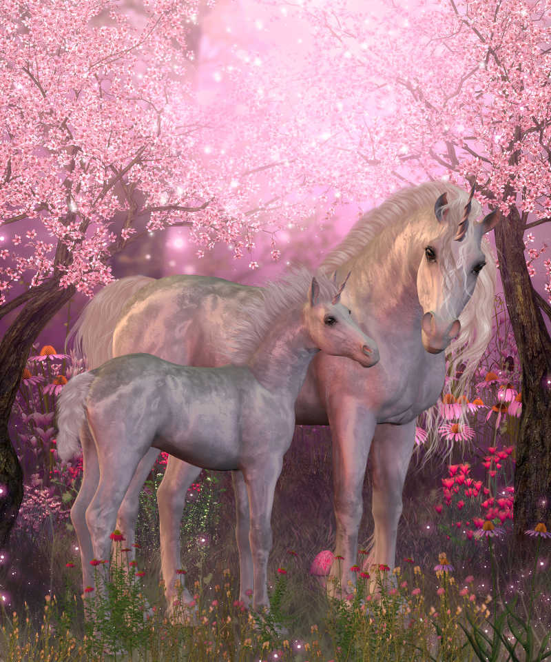 樱花树下白色独角兽的母马和小马驹
