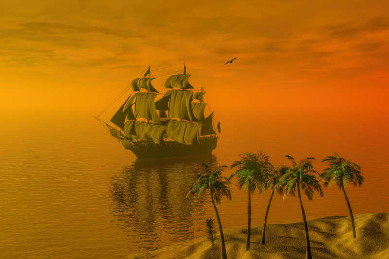 日出下海上帆船美景