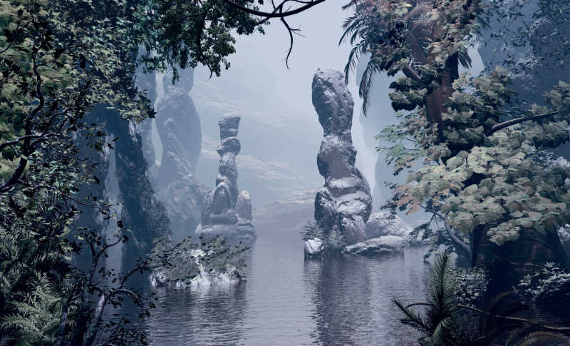 景观的3D插图与森林的幻想概念