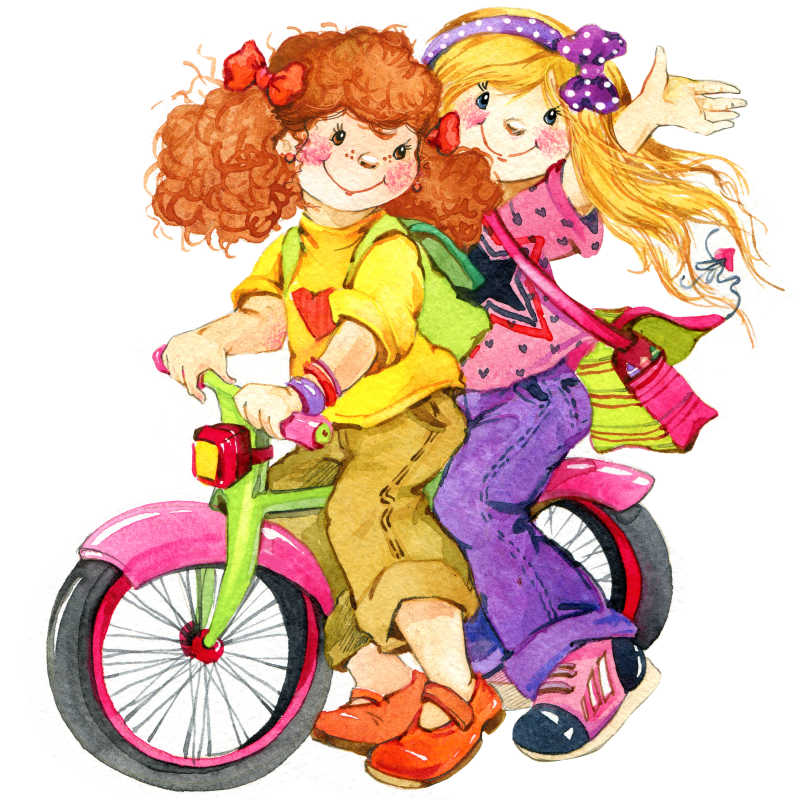 插画上骑自行车兜风的女孩们