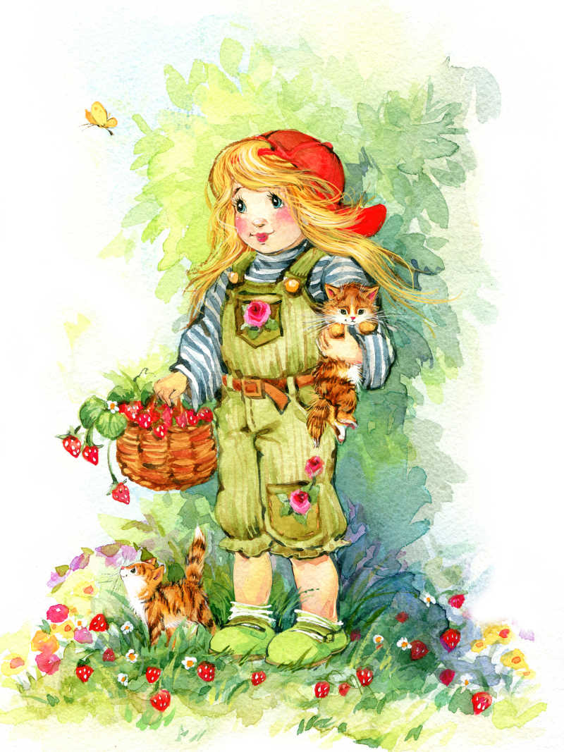 插画里抱着猫摘水果的小姑娘