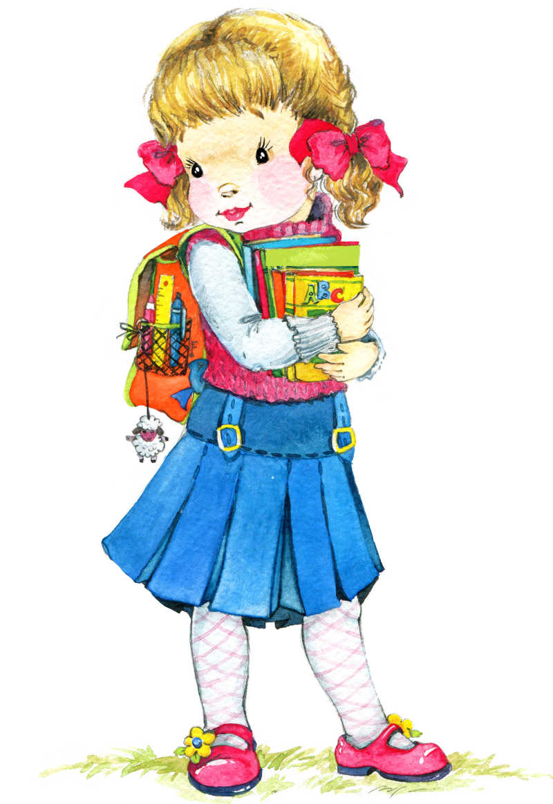 水彩画上抱着书本的小女孩