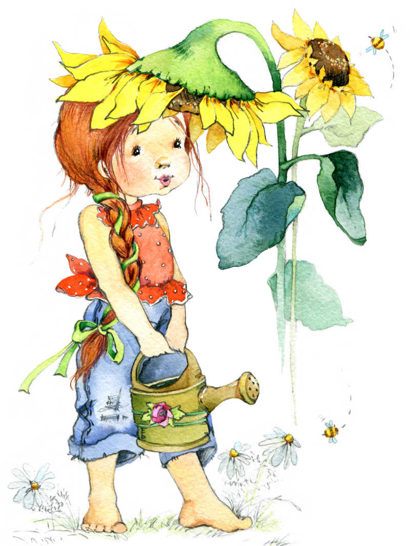 水彩画上小女孩正在给向日葵浇水
