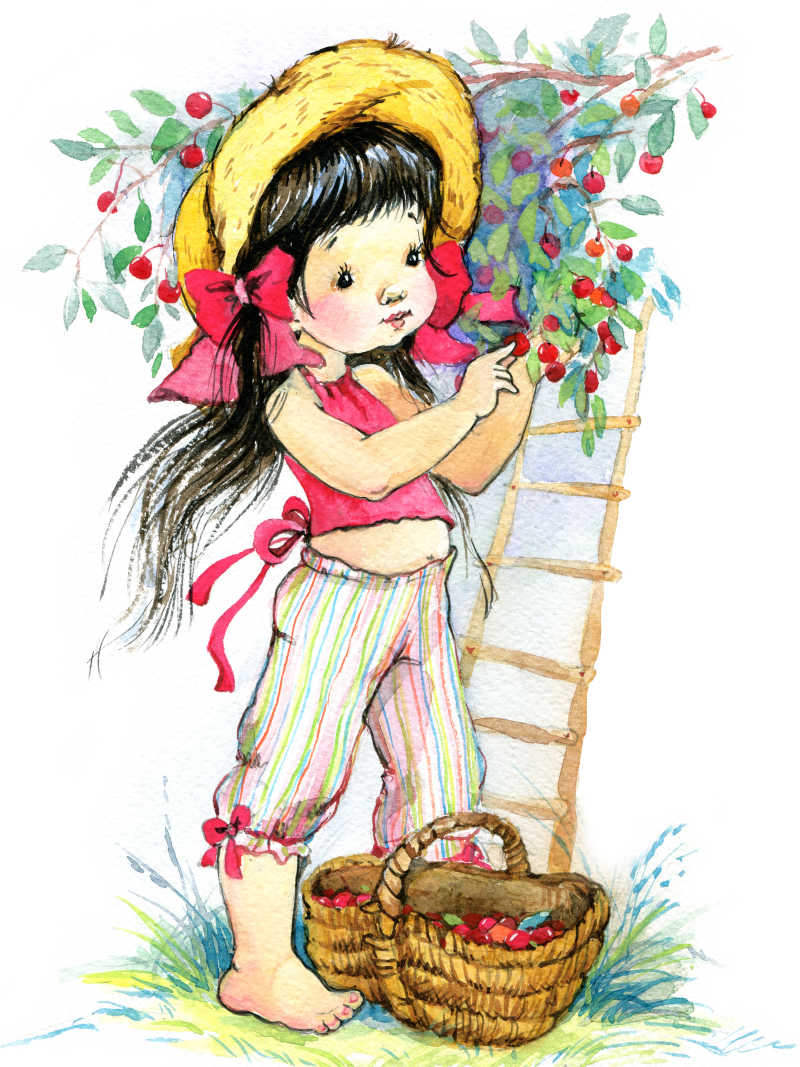 水彩画上摘樱桃的小女孩