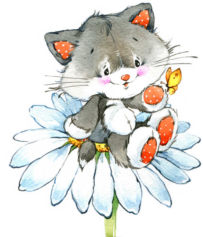 坐在雏菊上的可爱的猫咪插画
