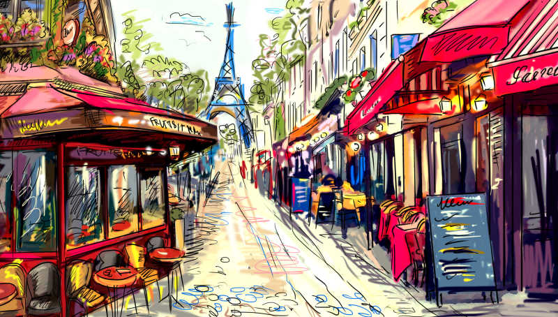 手绘繁华的巴黎街道