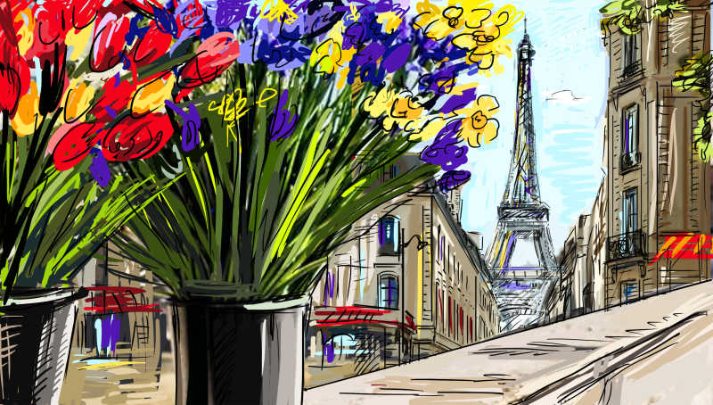 巴黎街边花瓶插画特写