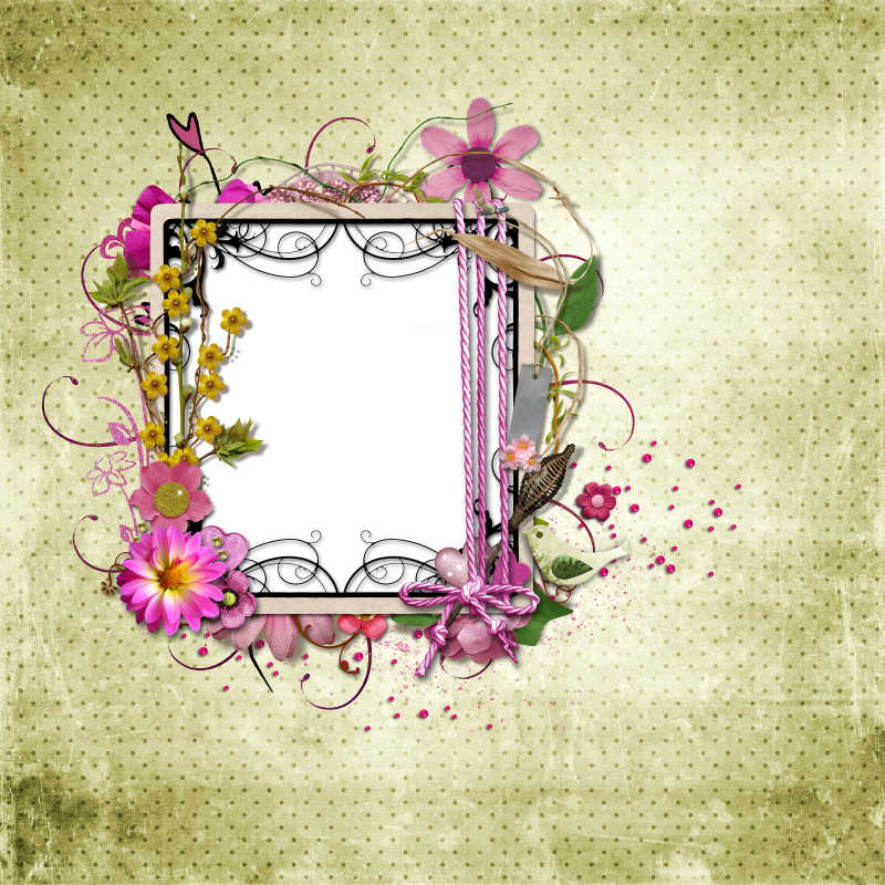 浅绿色背景下粉色花装饰的空白框架