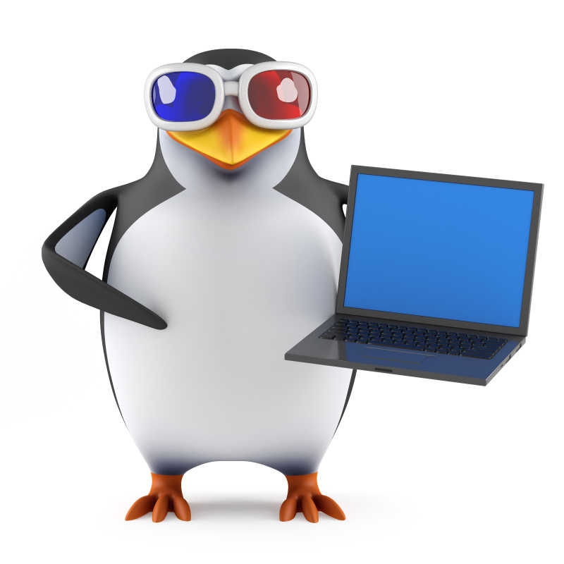 拿着笔记本电脑的卡通企鹅