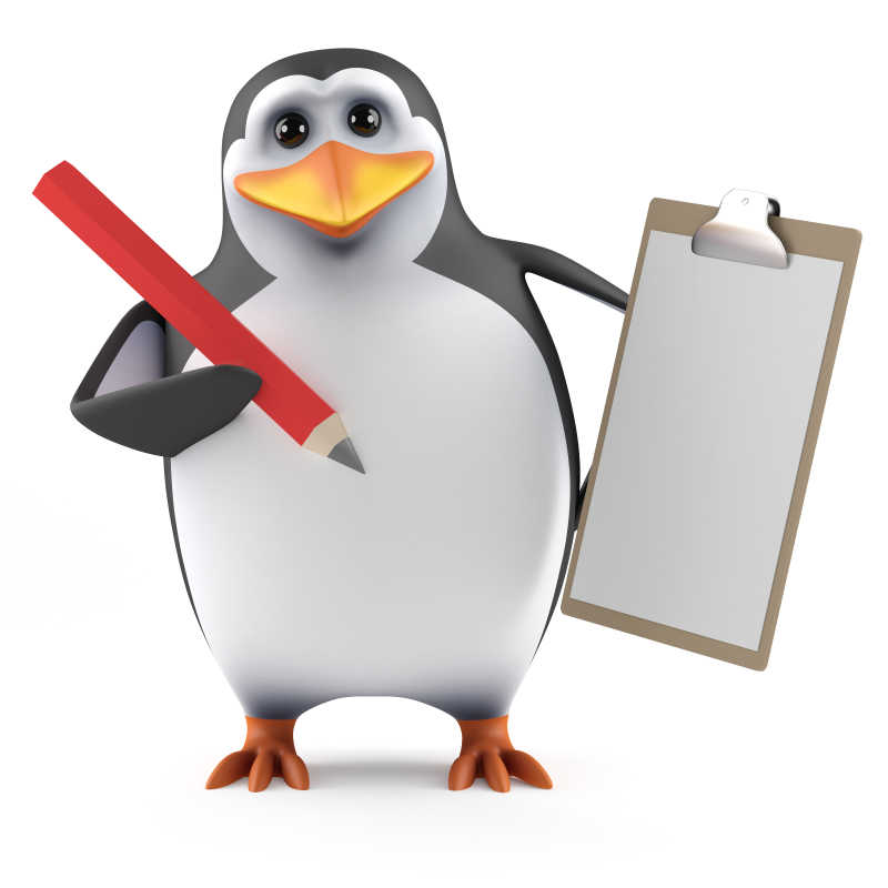 一边拿着笔一边拿着剪贴板的卡通企鹅