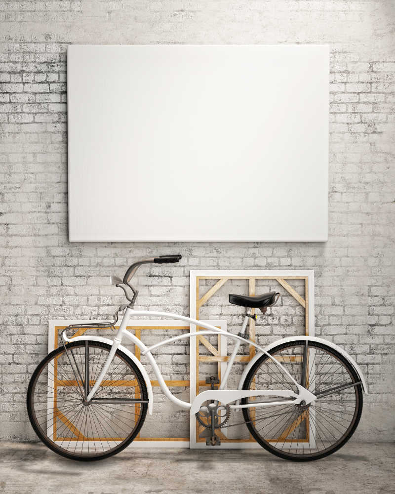 3D渲染模拟老式的时髦的阁楼内背景与自行车海报