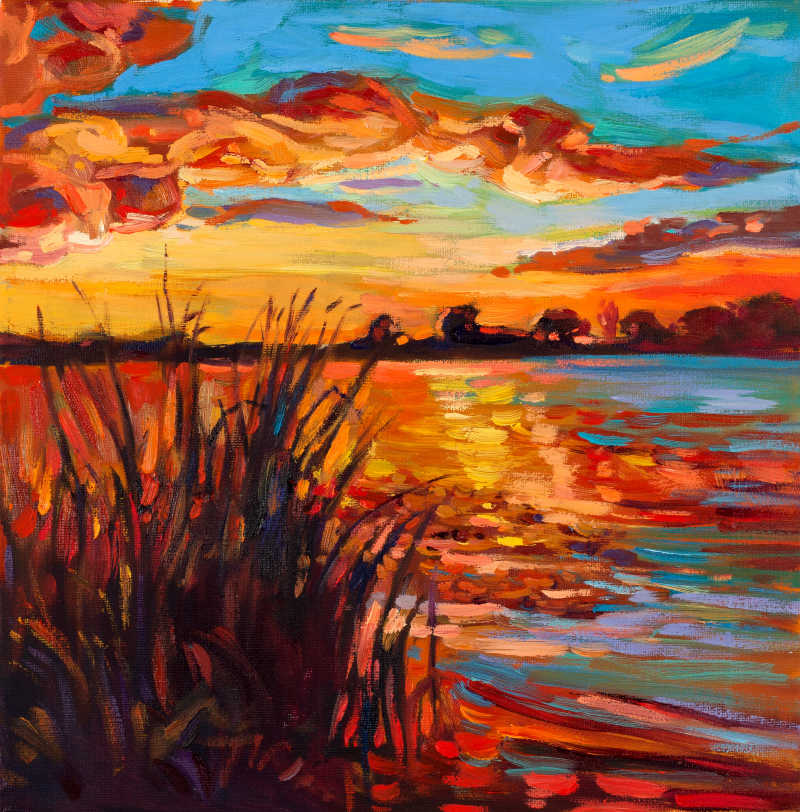 日落湖面晚霞的油画