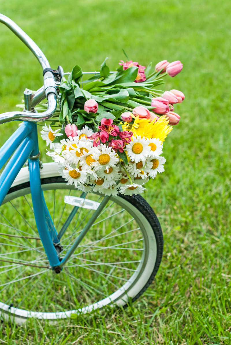 春天的自行车上的鲜花篮