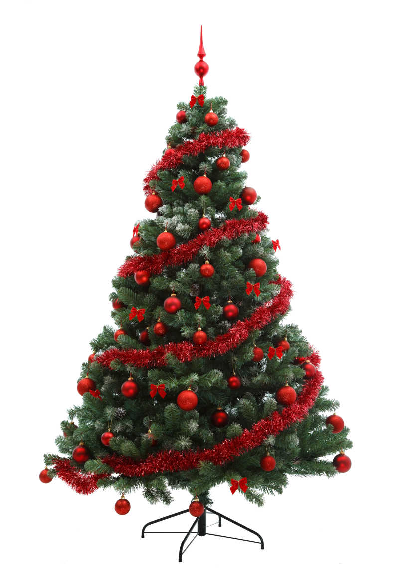 白色背景上的圣诞树和红色装饰品