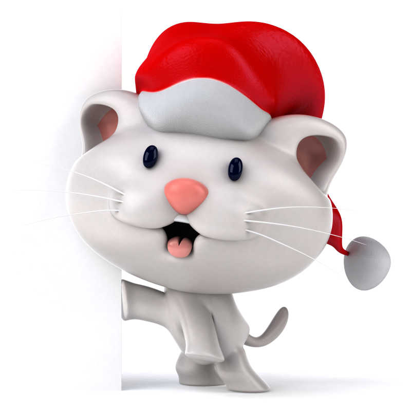 有趣的戴着圣诞帽的动漫小猫