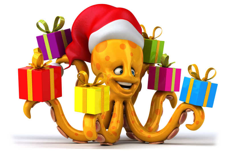 戴着圣诞帽拿着礼物的的动漫章鱼特写