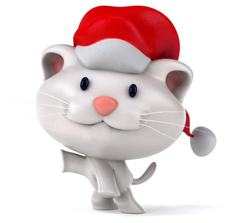 白色背景下戴着圣诞帽的动漫猫咪