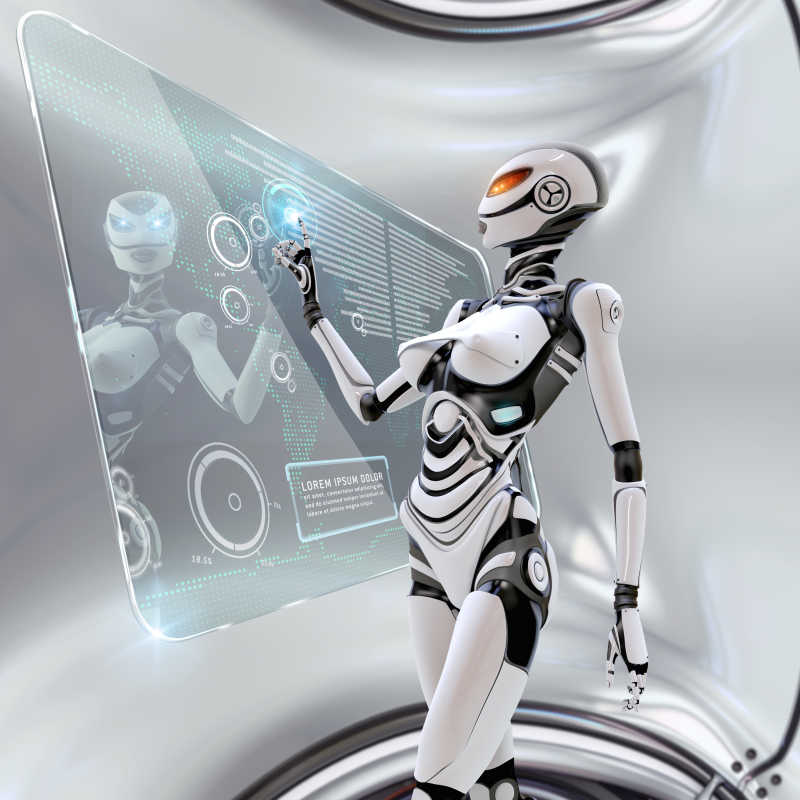 未来女性机器人点击虚拟屏幕