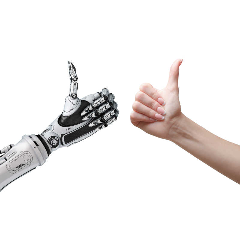 人类和机器人竖起大拇指
