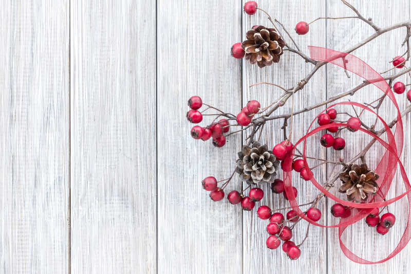 白色木板上的红色冬青果和松果