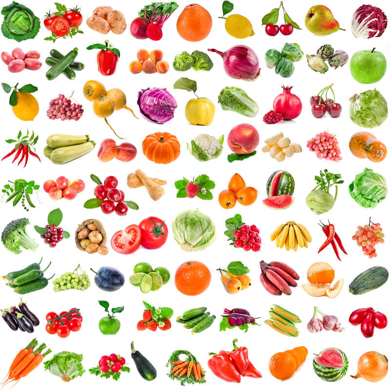 白色背景上的水果蔬菜集合