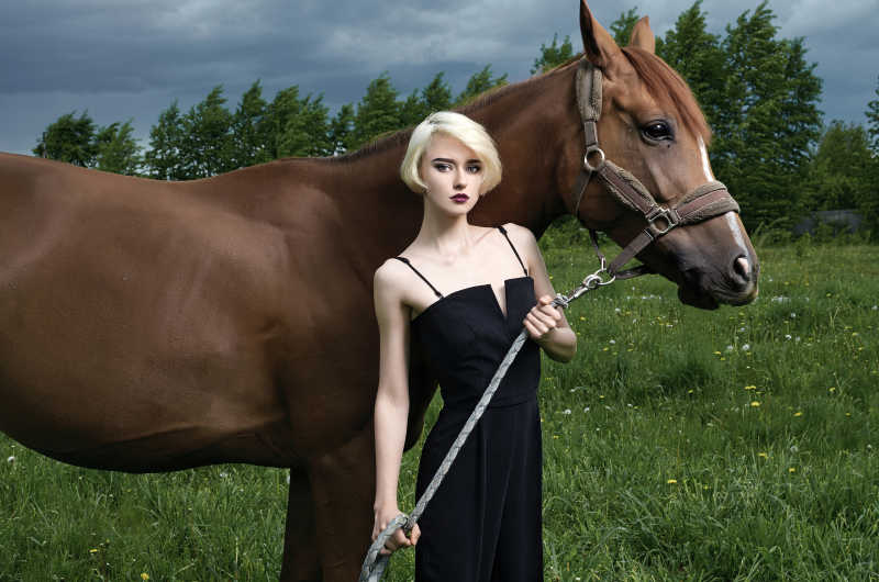 金发年轻美女与马匹