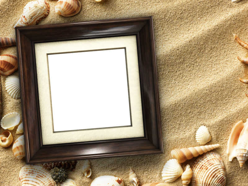 放在贝壳和沙子上的相框