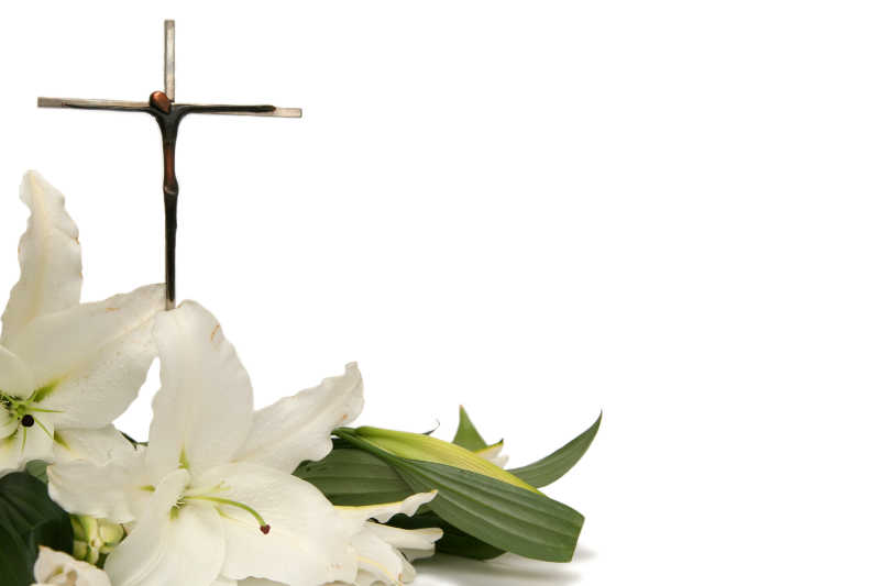 白色背景上的十字架和白色百合花