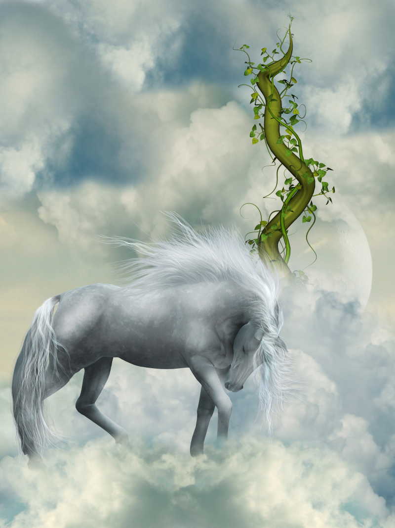 天空中的白马与绿枝