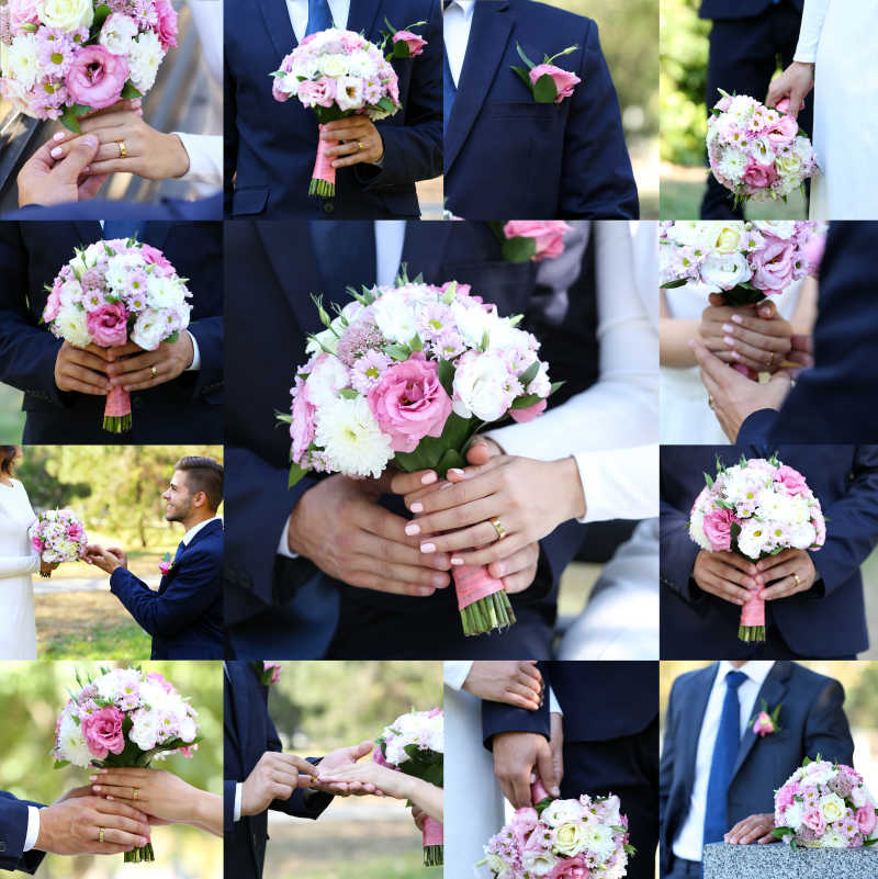 手拿鲜花的婚礼拼贴