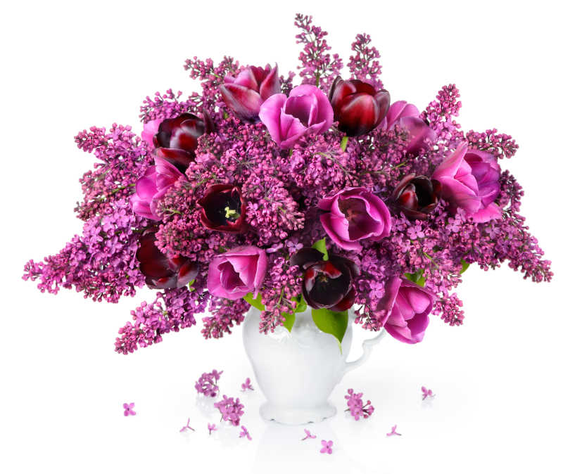 粉色郁金香和丁香组成的花束