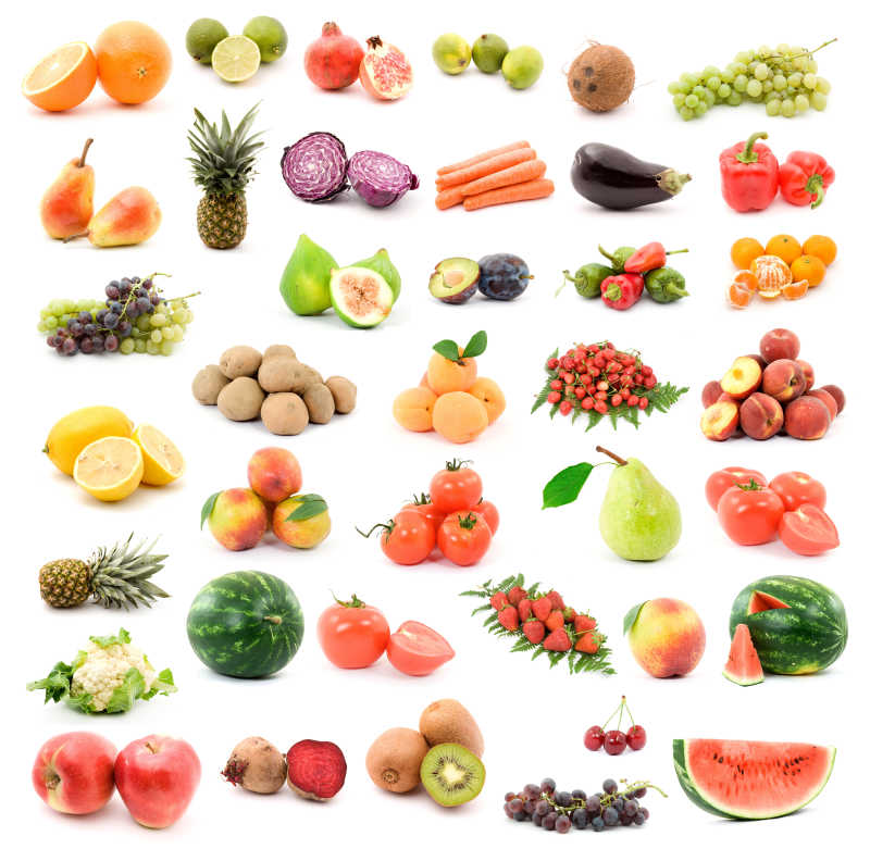 白色背景下的水果和蔬菜
