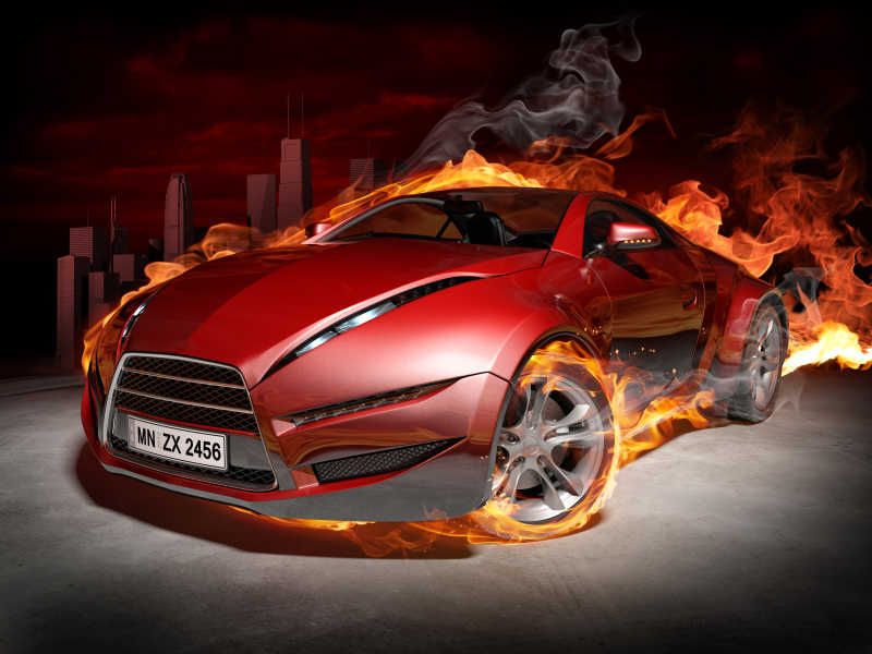 燃烧的红色汽车