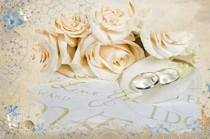 结婚戒指摆放在玫瑰花束中间