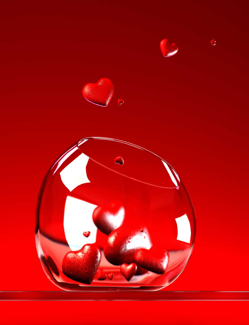 红色背景下玻璃瓶里红色的心