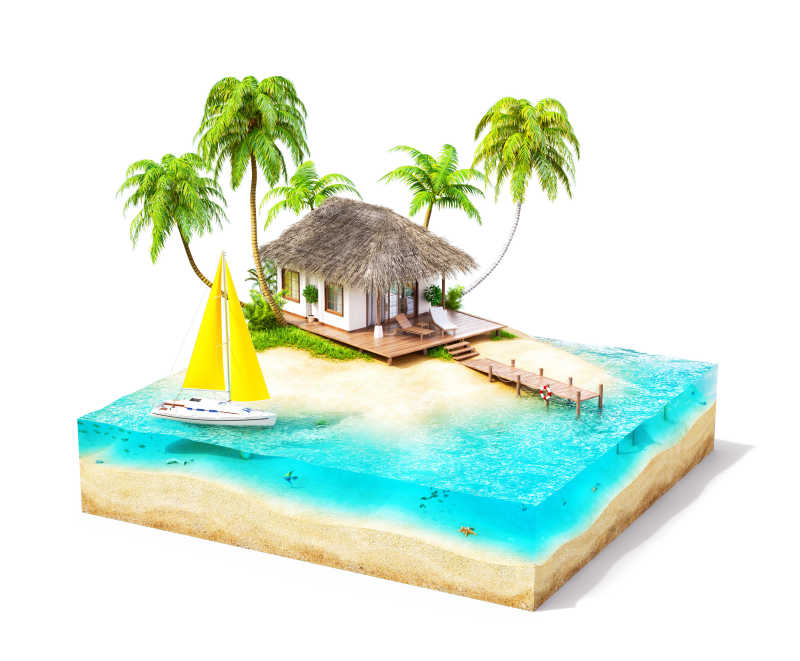 白色背景下精致的热带岛屿模型