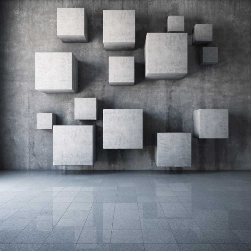 灰色墙上的白色几何方块抽象设计背景