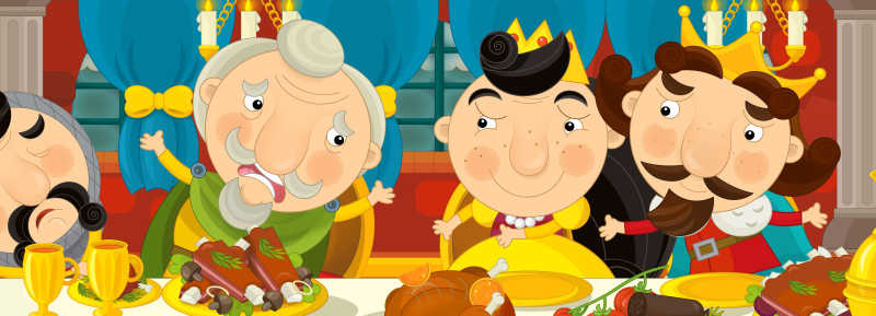 国王公主和贵族在餐桌上的卡通画