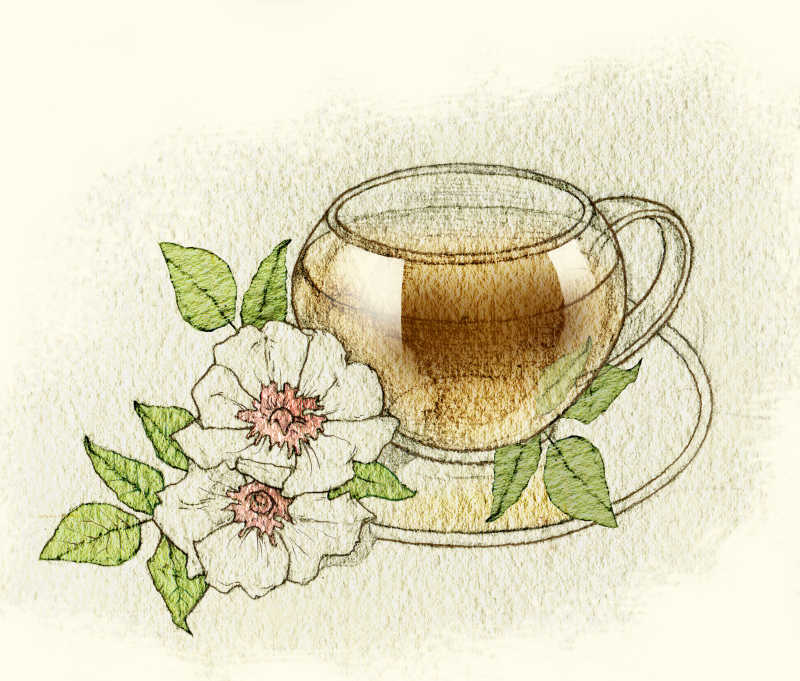 茶杯和花的水彩插画