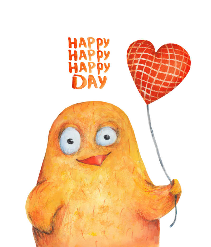 小鸡拿着心形气球表达快乐一天的水粉插画