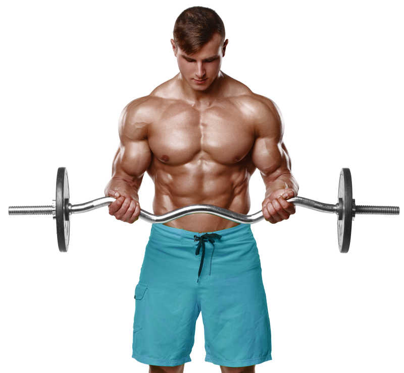白色背景下用杠铃锻炼强壮肌肉的男子