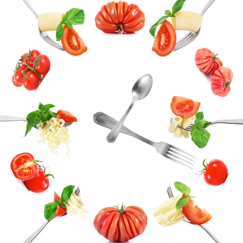 番茄和各种意大利面食制作的时钟