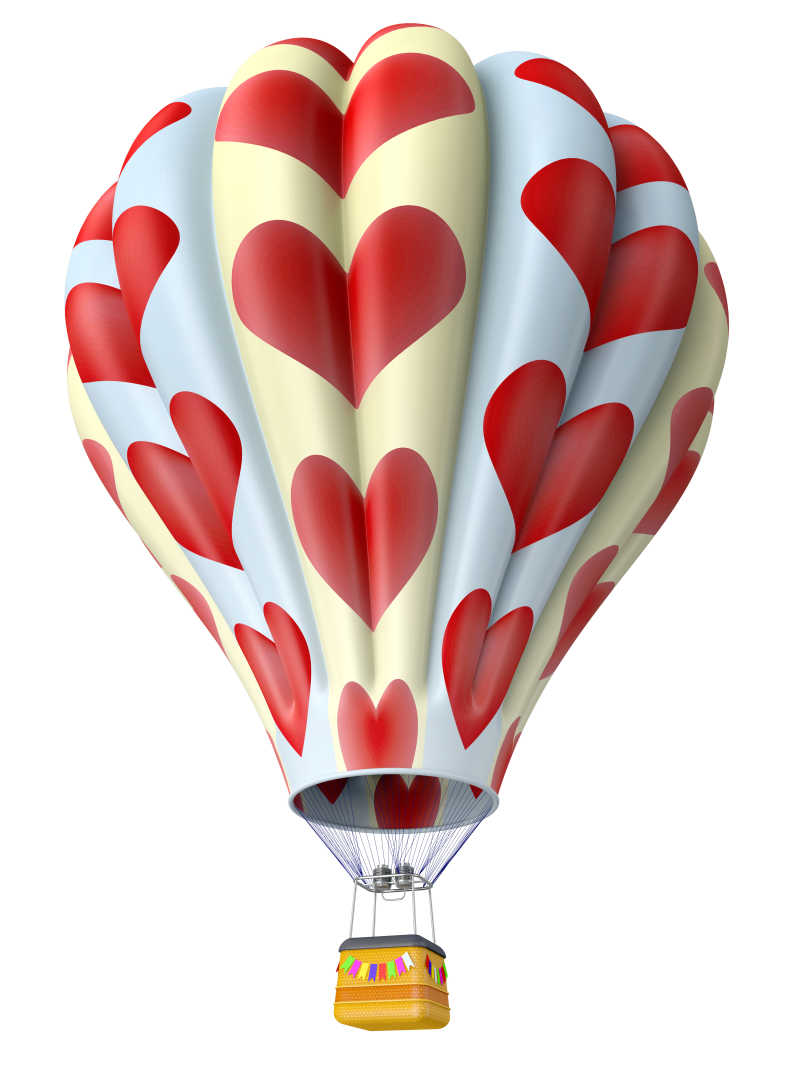 白色背景下印有爱心的热气球
