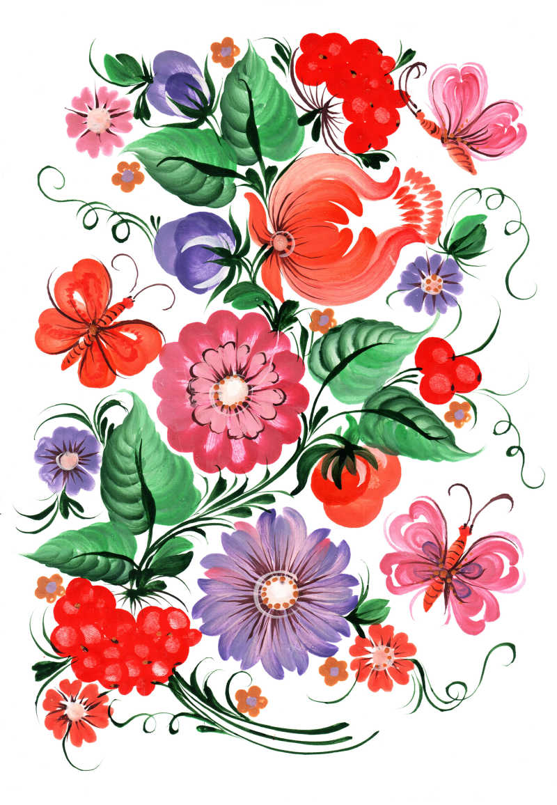 乌克兰风格的花朵和蝴蝶装饰