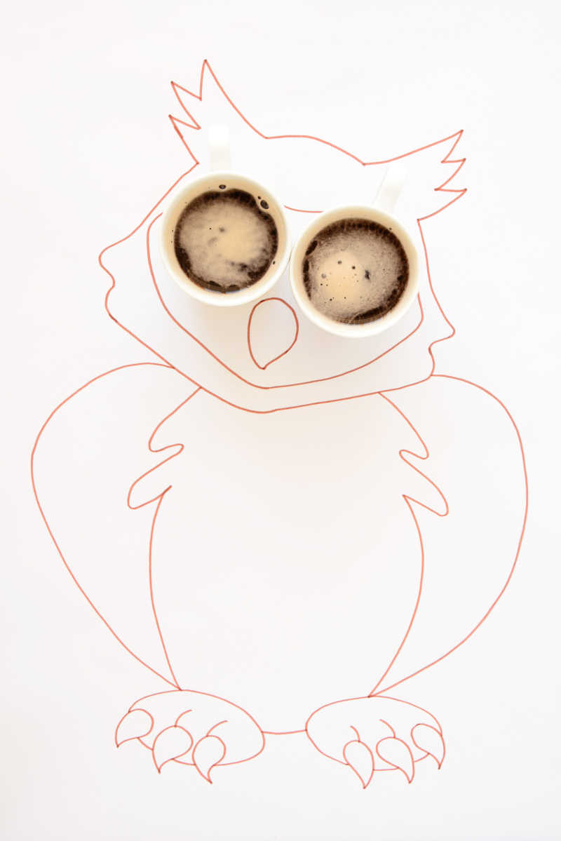 白色背景下的咖啡与猫头鹰插画