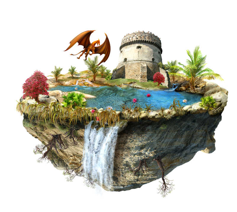 有龙塔城堡的岛屿艺术插画