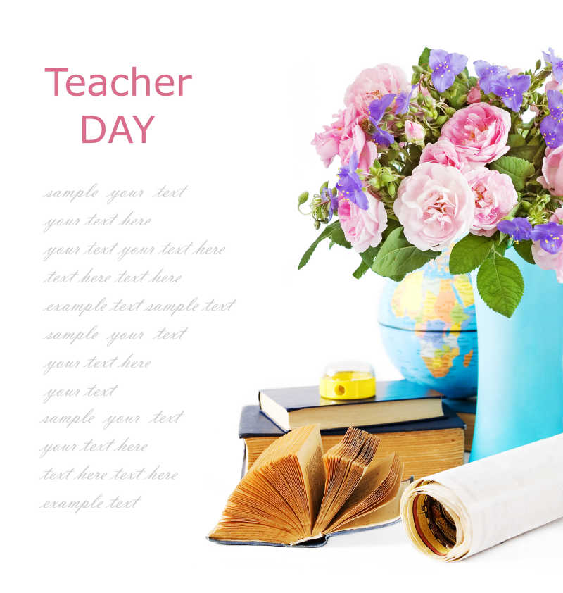 白色背景上有书和鲜花束的教师节背景